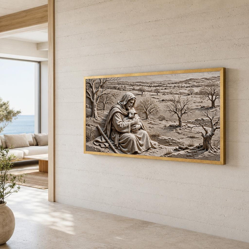 Good Shepherd Jesus and Lamb in Neutral Earth Tones Canvas Wall Art, Christian