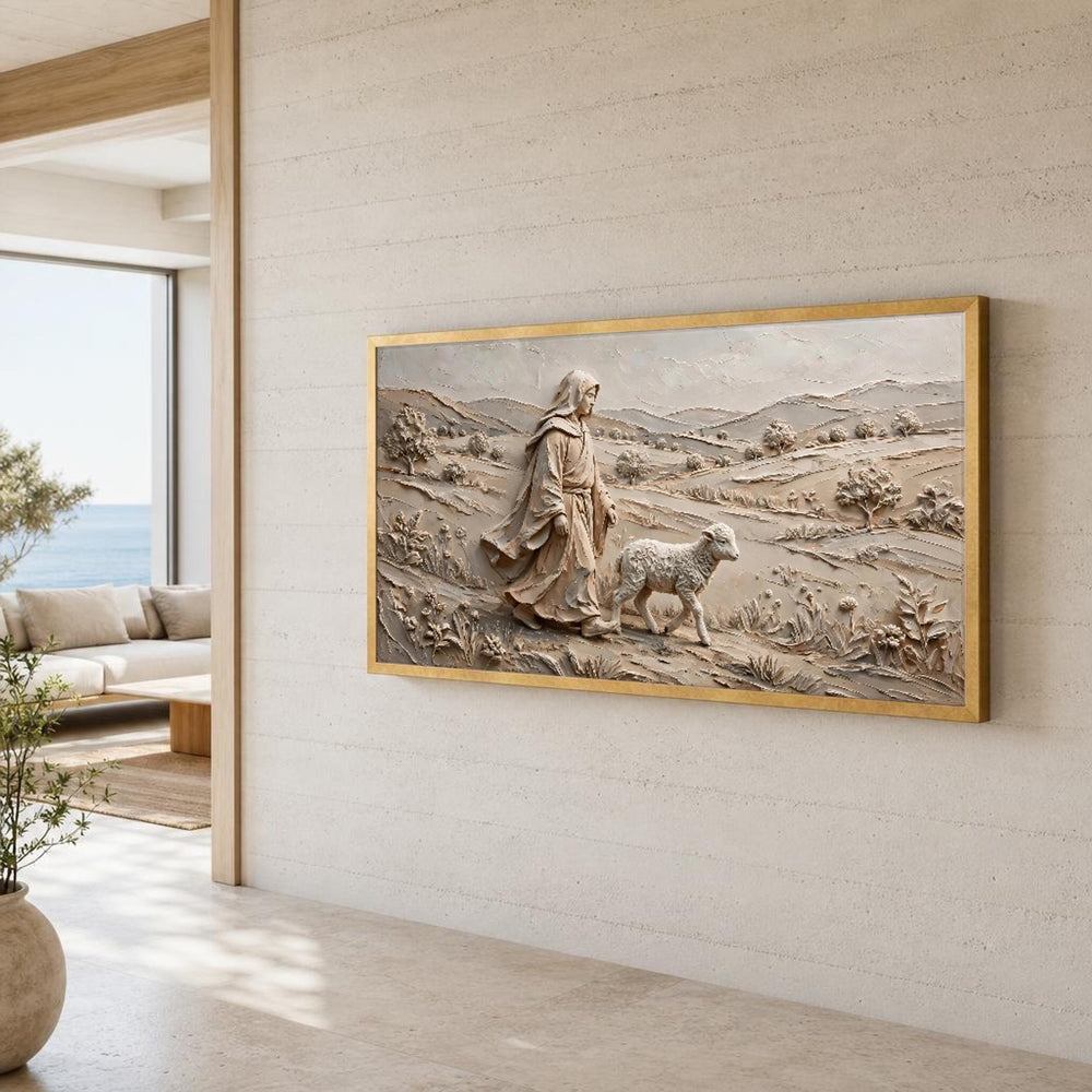 Neutral Good Shepherd Jesus and Lamb in Earth Tones Canvas Wall Art, Christian Sacred
