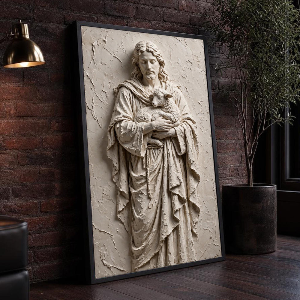 Neutral Good Shepherd Jesus and Lamb in Earth Tones Canvas Wall Art, Christian, Christian Sacred
