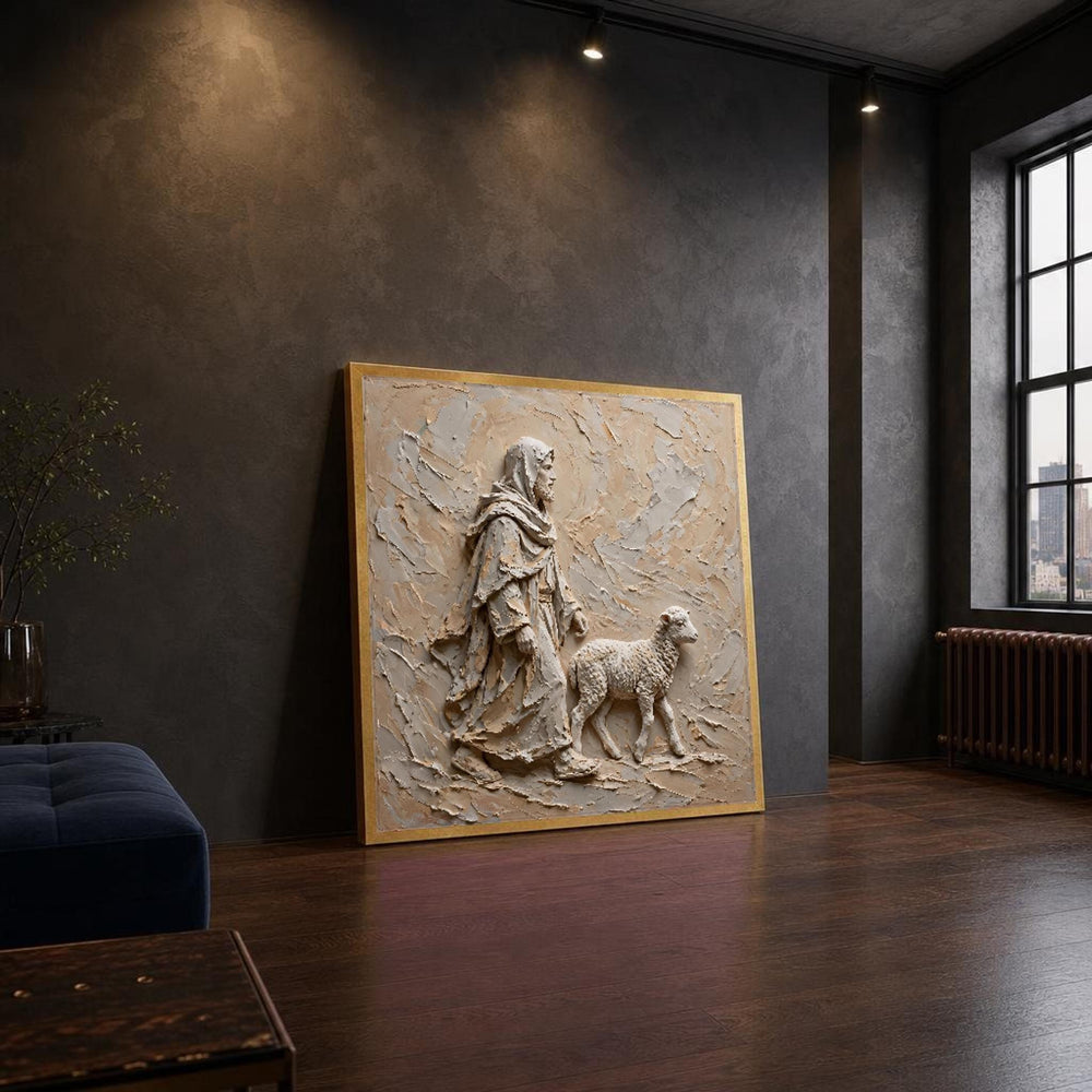 Good Shepherd Jesus and Lamb in Neutral Earth Tones Canvas Wall Art, Christian, Christian Sacred