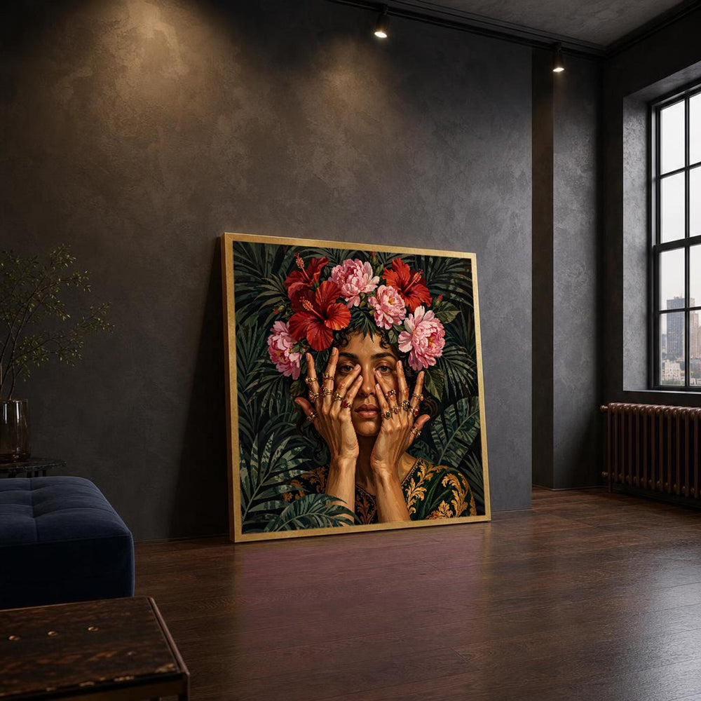 Frida Kahlo Frida Floral Portrait Tropical Leaves and Flowers Canvas Wall Art, Mexican Folk Portrait