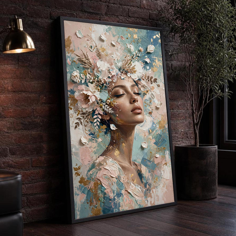 White Elegant Woman with Floral Crown Canvas Wall Art, Modern Minimalist Abstract, Portrait
