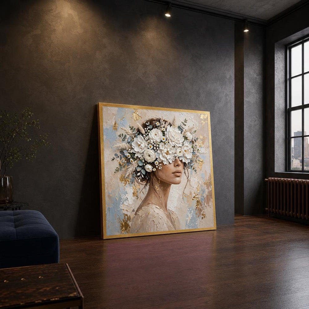White Elegant Woman with Floral Crown Canvas Wall Art, Portrait
