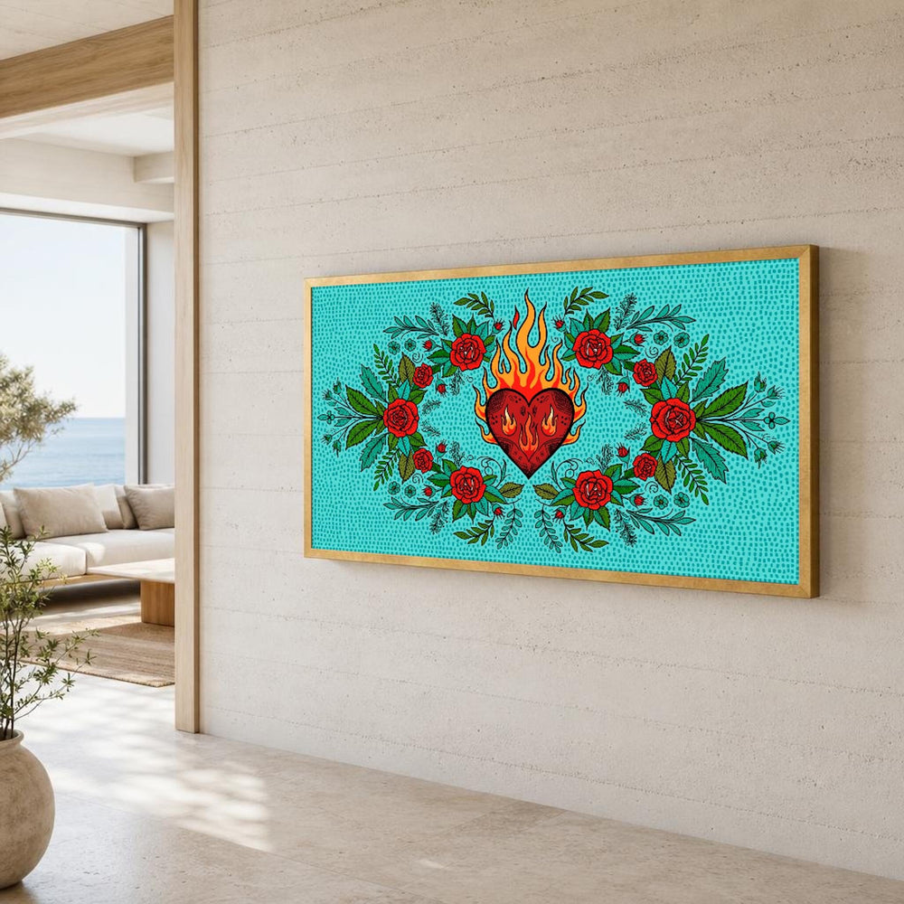 Sacred Heart and Roses Vibrant Mexican Folk Art Canvas Wall Art, Christian