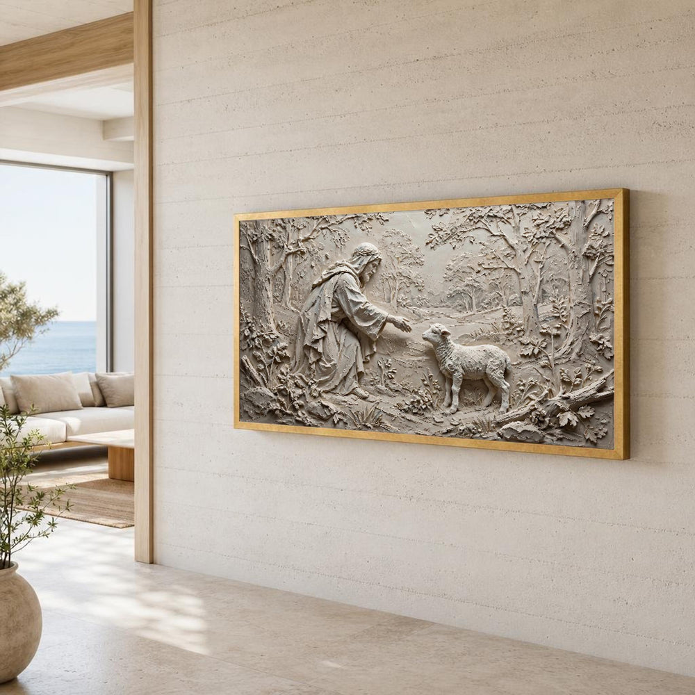 Good Shepherd Jesus and Lamb in Neutral Earth Tones Canvas Wall Art, Christian Sacred Art