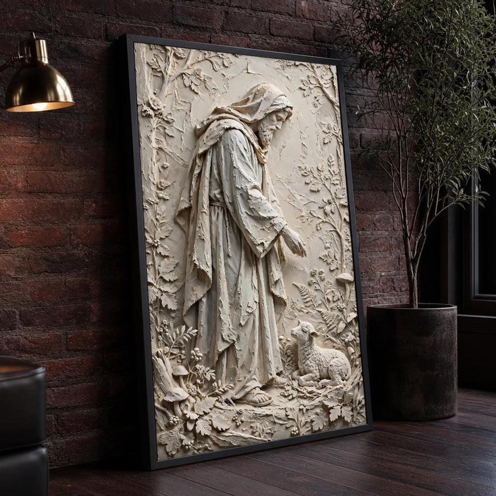 Neutral Good Shepherd Jesus and Lamb in Earth Tones Canvas Wall Art, Christian Sacred, Christian