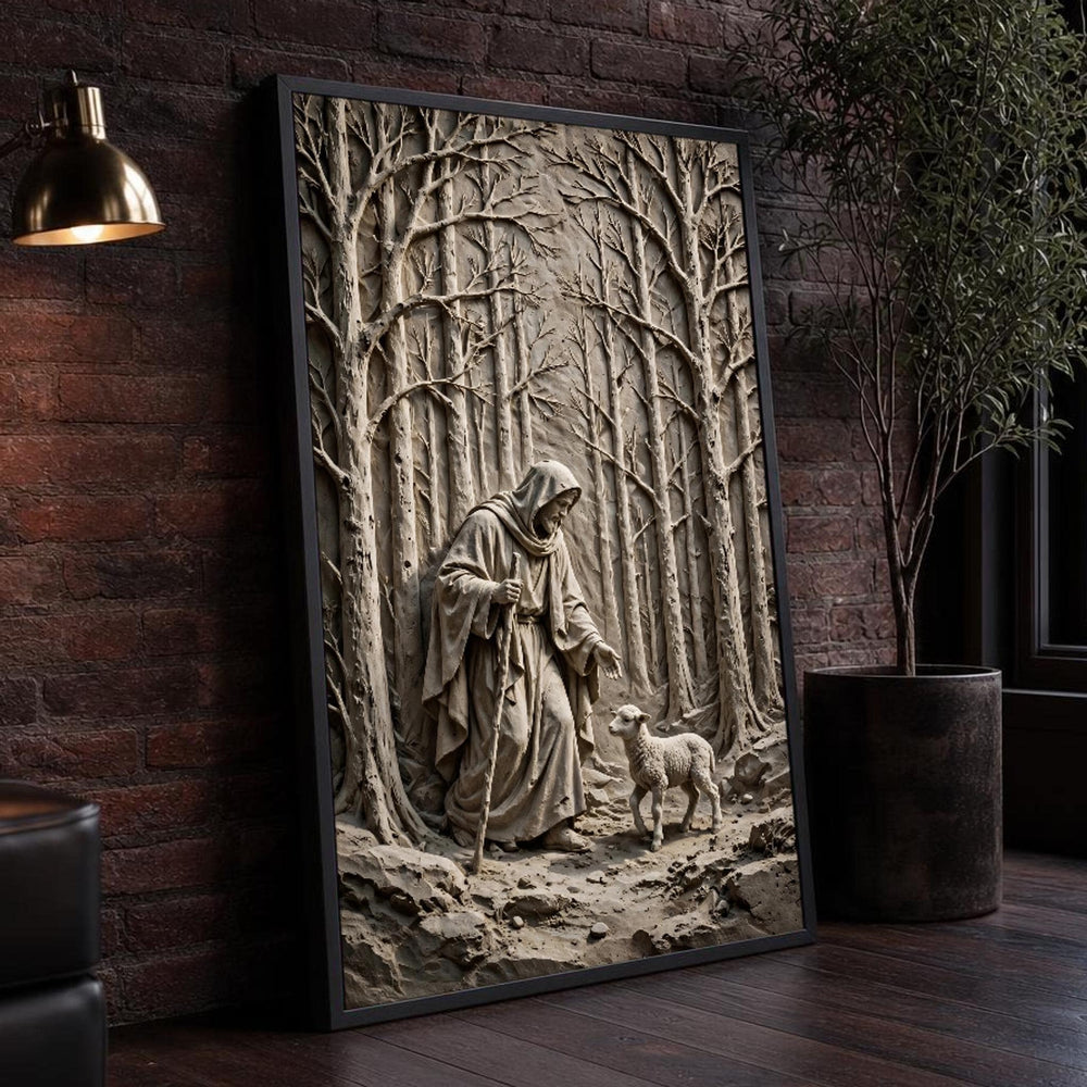 Good Shepherd Jesus and Lamb in Neutral Earth Tones Canvas Wall Art, Christian Sacred, Christian