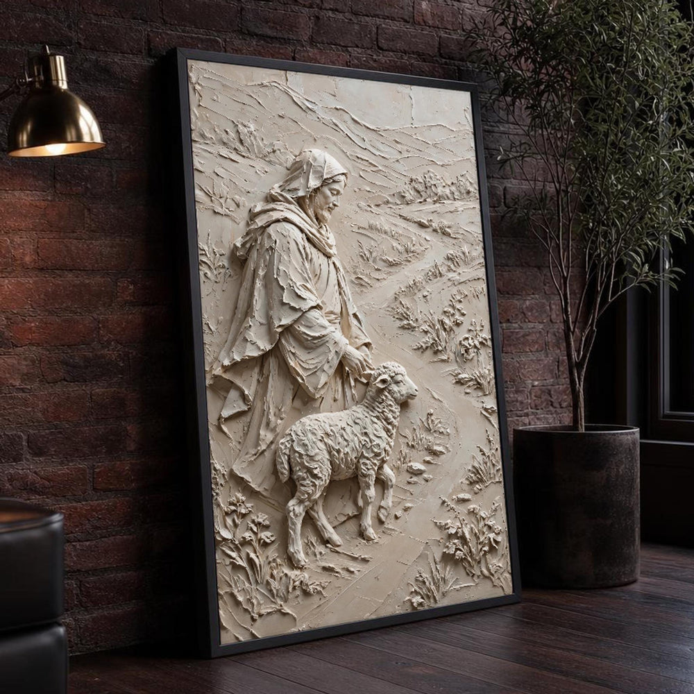 Neutral Good Shepherd Jesus and Lamb in Earth Tones Canvas Wall Art, Christian