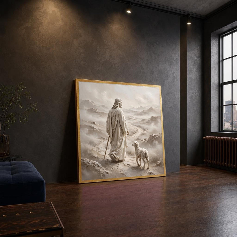 Neutral Good Shepherd Jesus and Lamb in Earth Tones Canvas Wall Art, Christian Sacred