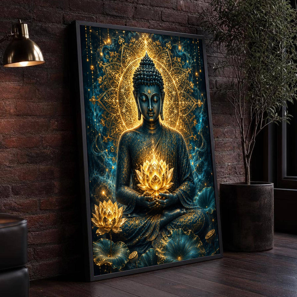 Gold and Blue Buddha Canvas Wall Art, Lotus, Buddha Figure