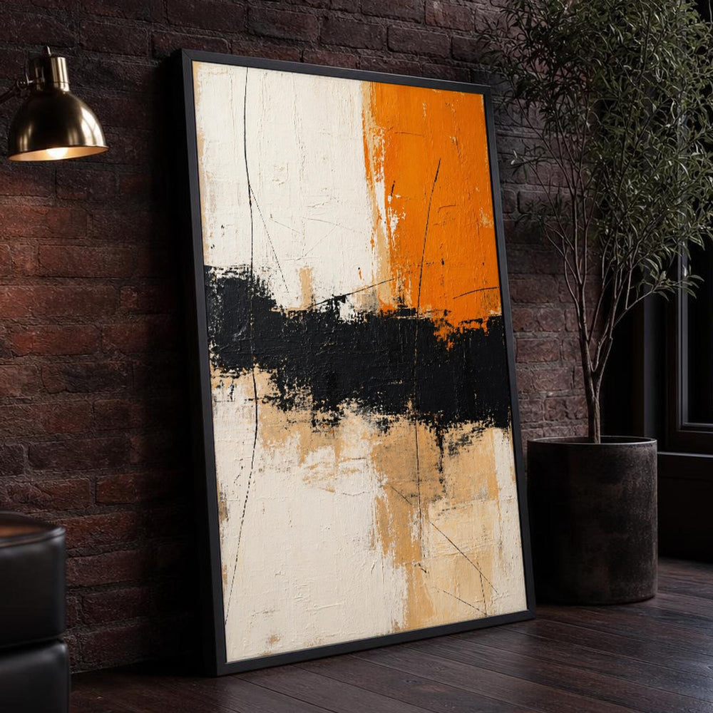 Orange and Black Abstract Composition Canvas Wall Art, Modern