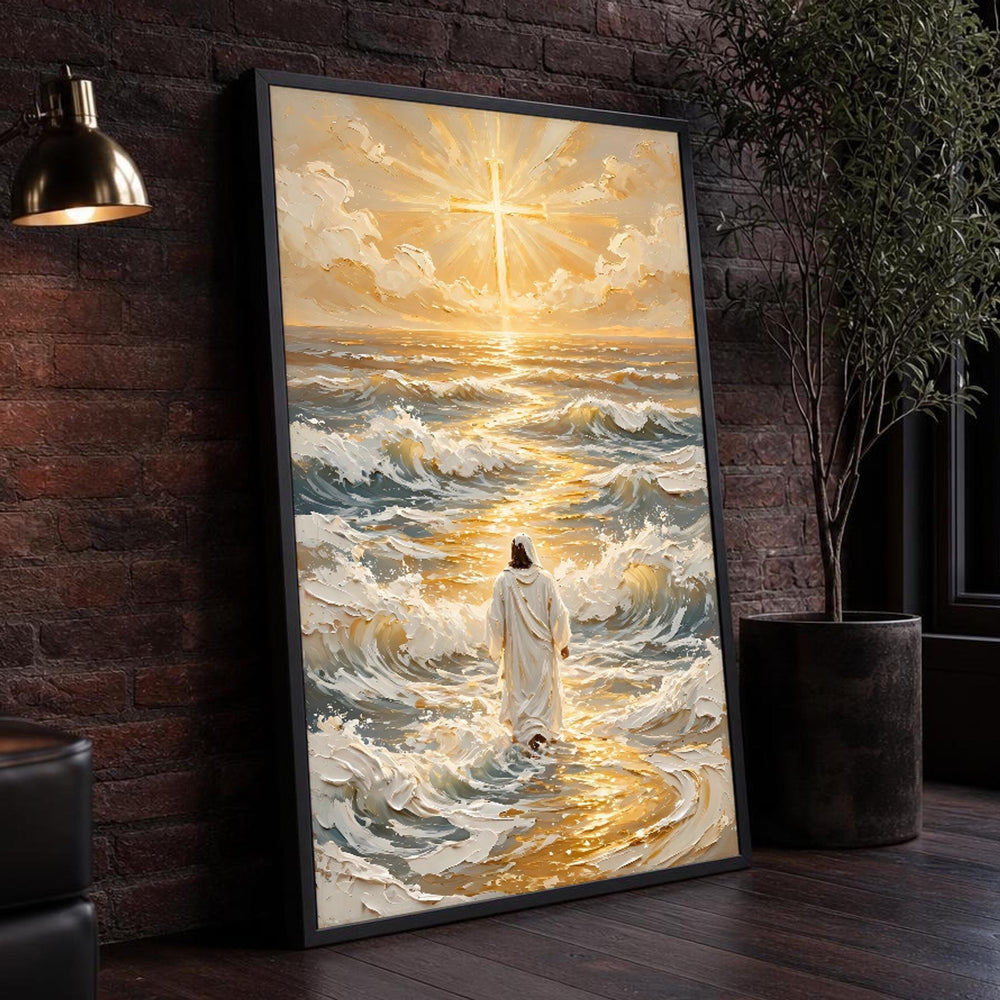 Gold and Blue Jesus Walking on Water Canvas Wall Art