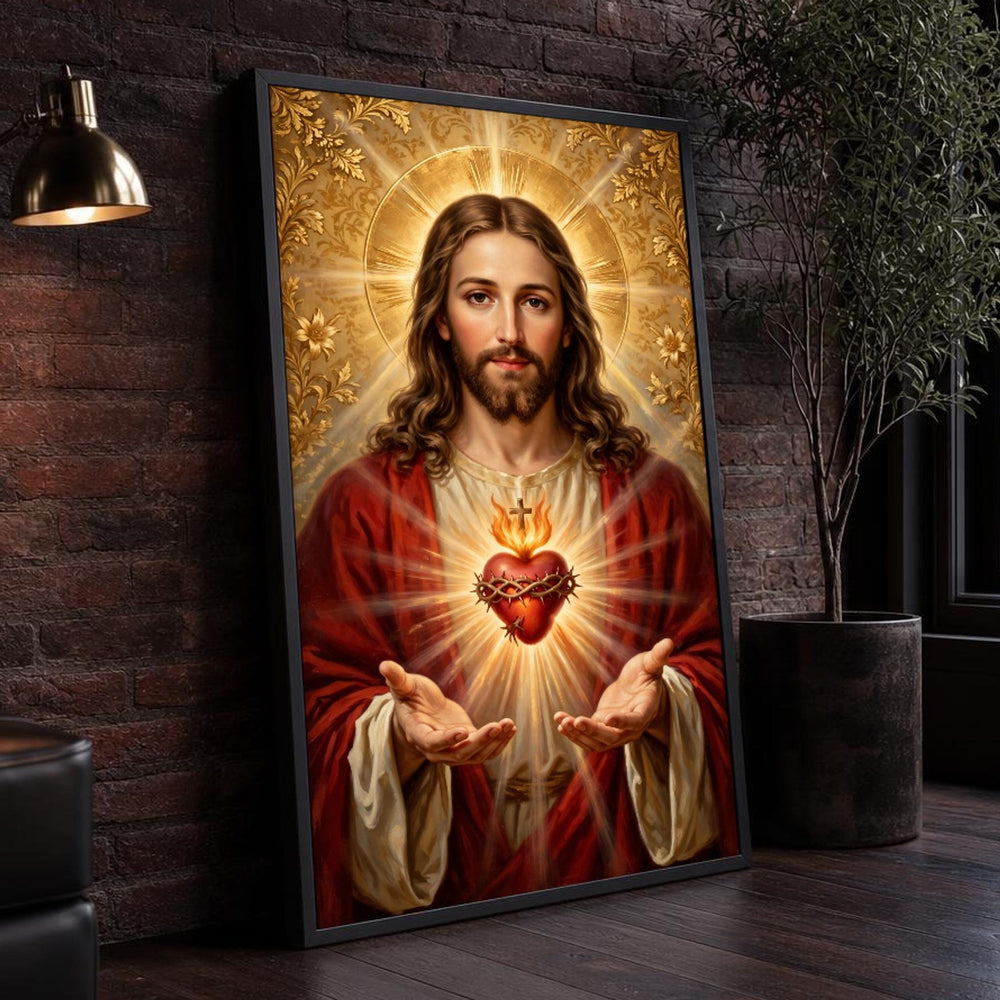 Red and Gold Jesus Christ Canvas Wall Art, Sacred, Heart