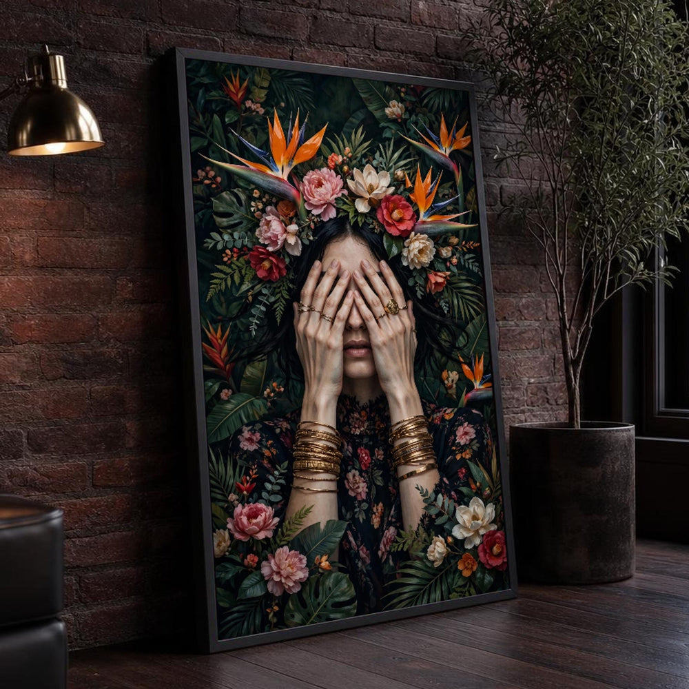 Green and Pink Frida Kahlo Woman with Floral Headdress Canvas Wall Art