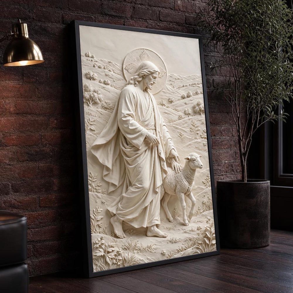 Jesus with Lamb Canvas Wall Art, Sculptural Relief
