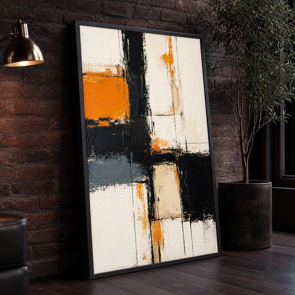 Black and Orange Abstract Composition Canvas Wall Art, Modern