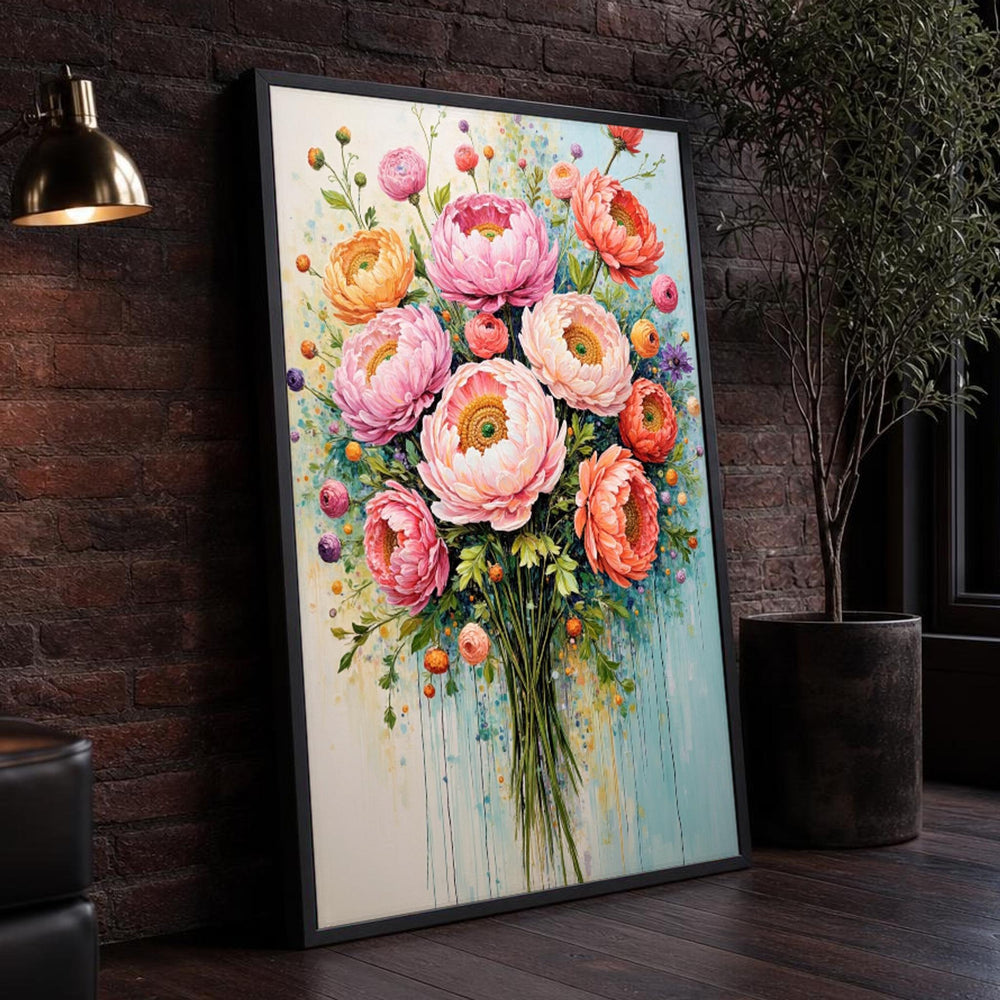 Pink and Green Floral Bouquet Canvas Wall Art, Vibrant