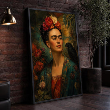 Teal and Red Frida Kahlo Canvas Wall Art, Expressive