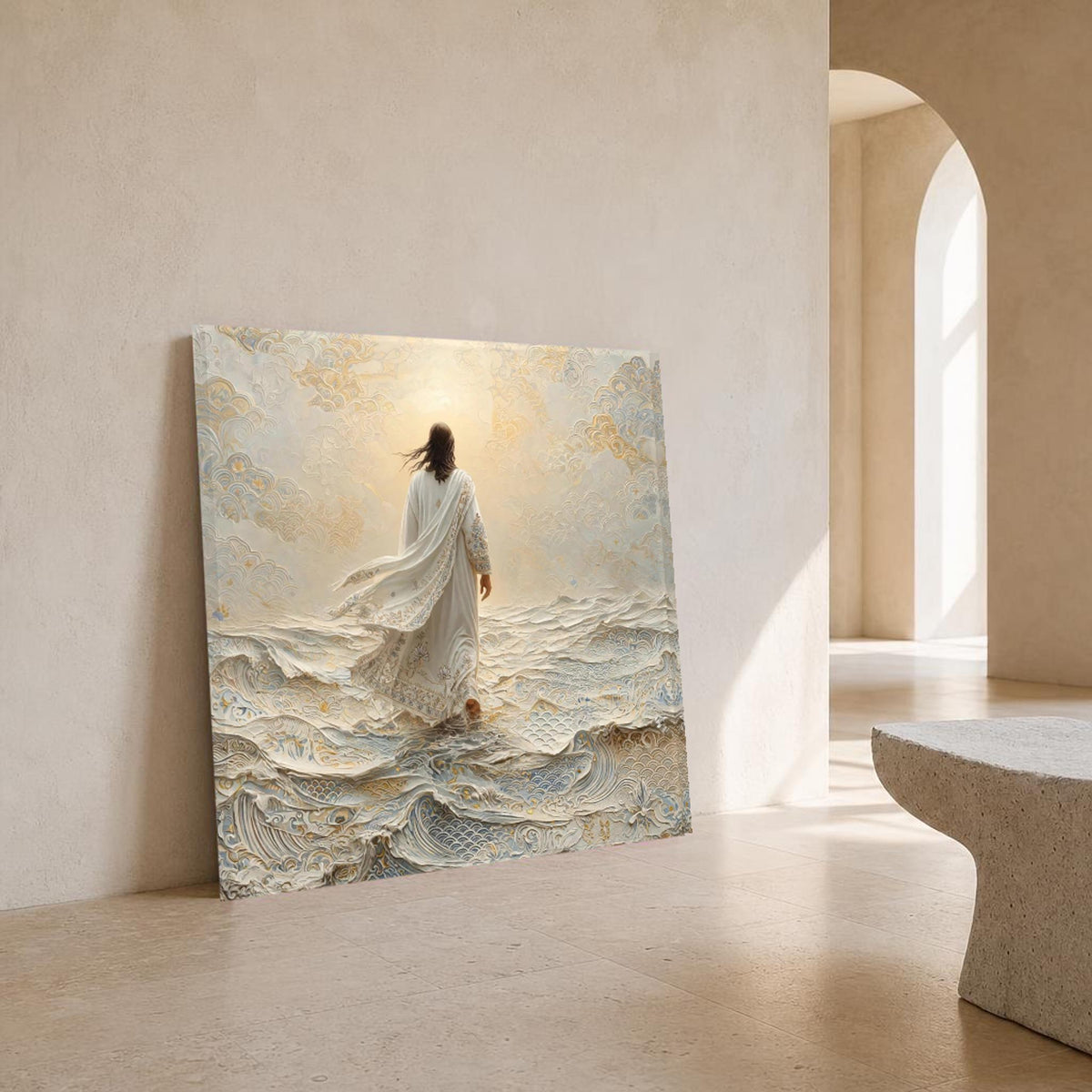 Jesus Walking on Water Canvas Wall Art, Serene, Waves