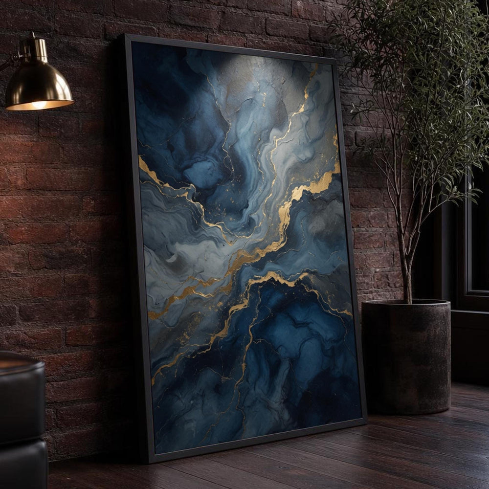 Blue and Gold Abstract Canvas Wall Art, Modern