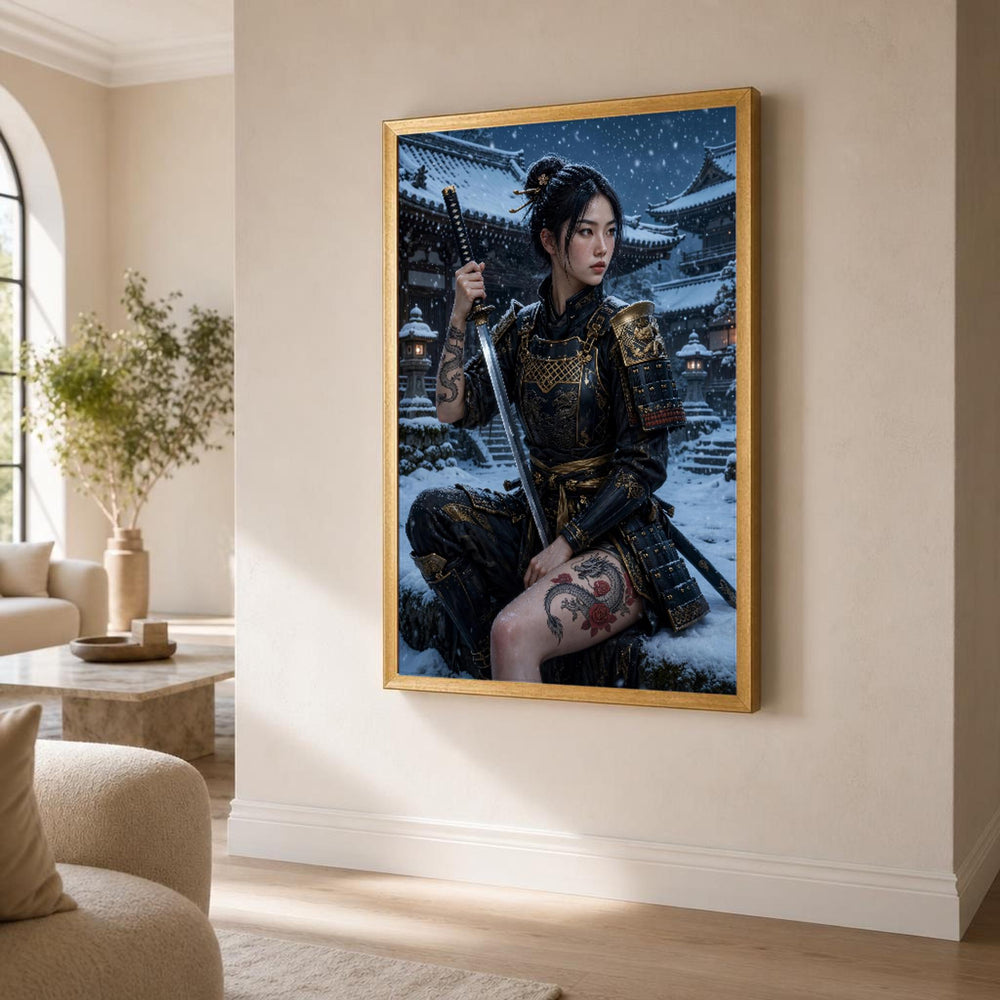 Black and Gold Samurai Woman Canvas Wall Art, Snowy