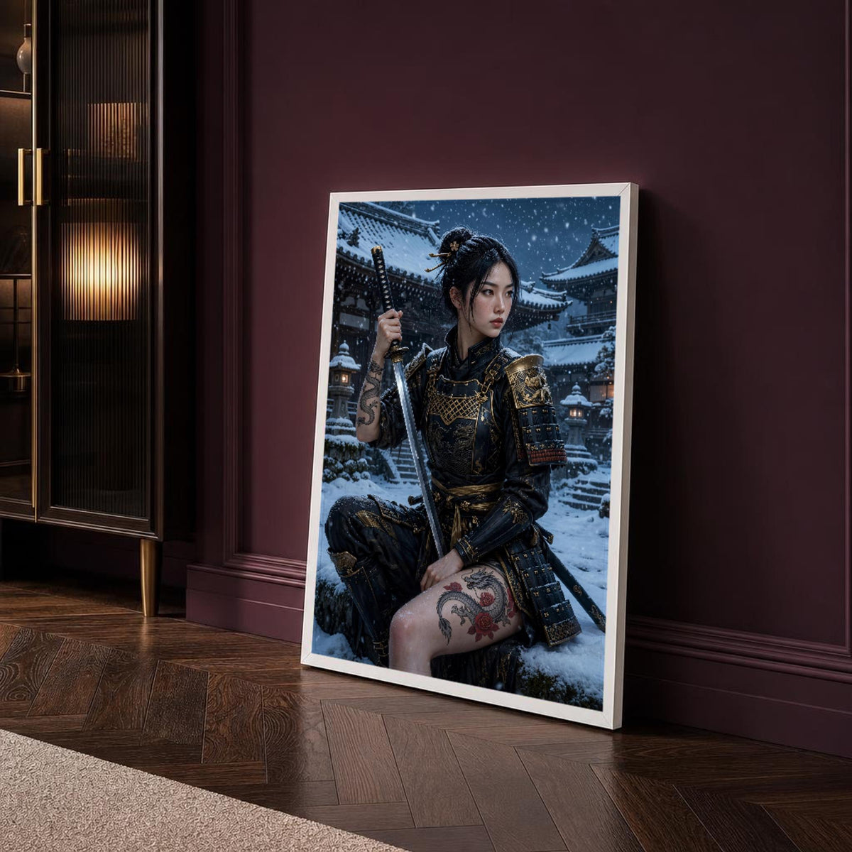 Black and Gold Samurai Woman Canvas Wall Art, Snowy