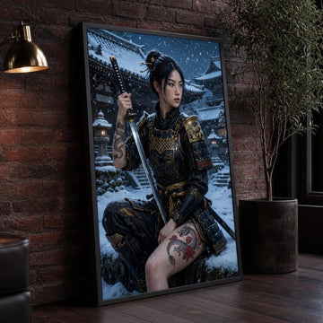 Black and Gold Samurai Woman Canvas Wall Art, Snowy