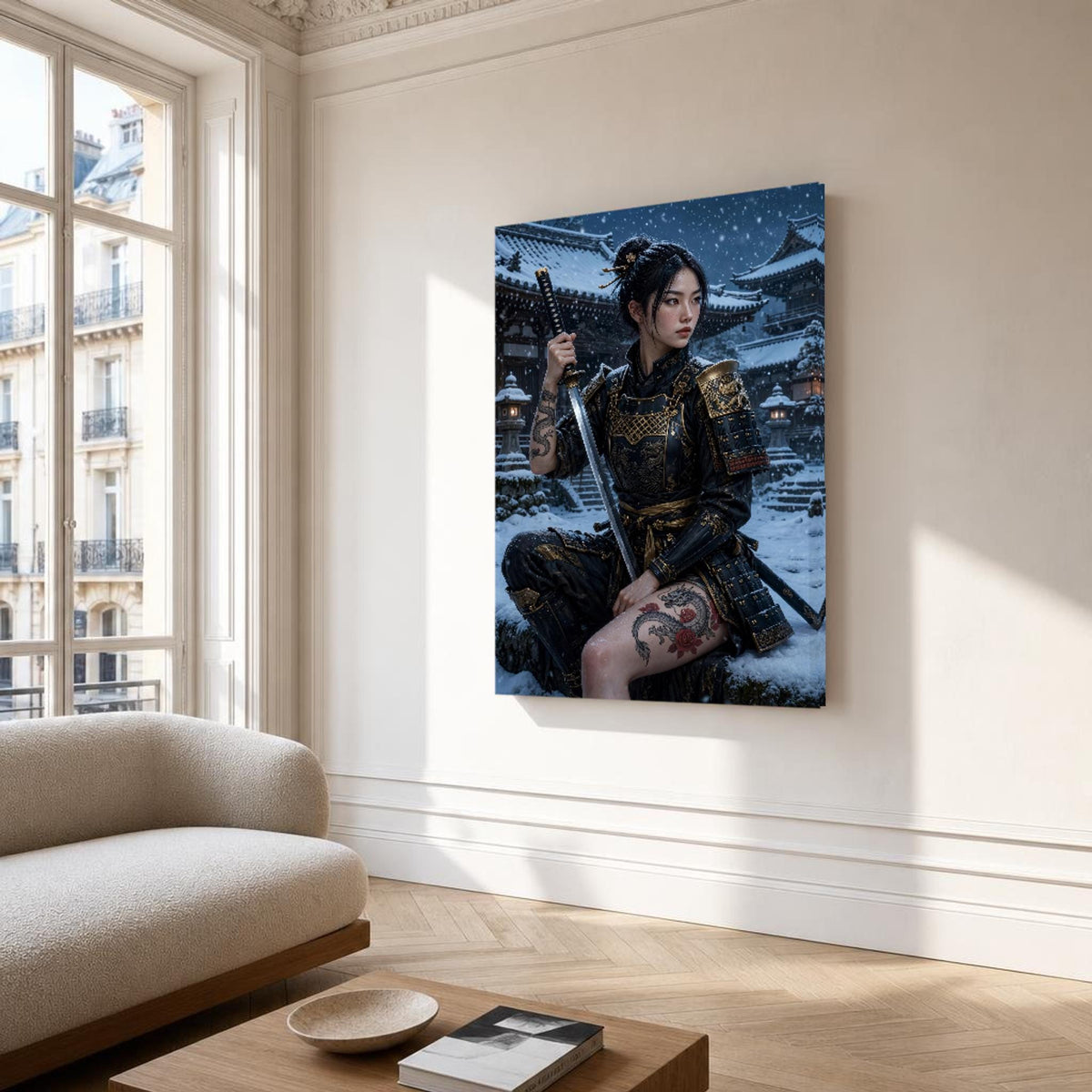 Black and Gold Samurai Woman Canvas Wall Art, Snowy