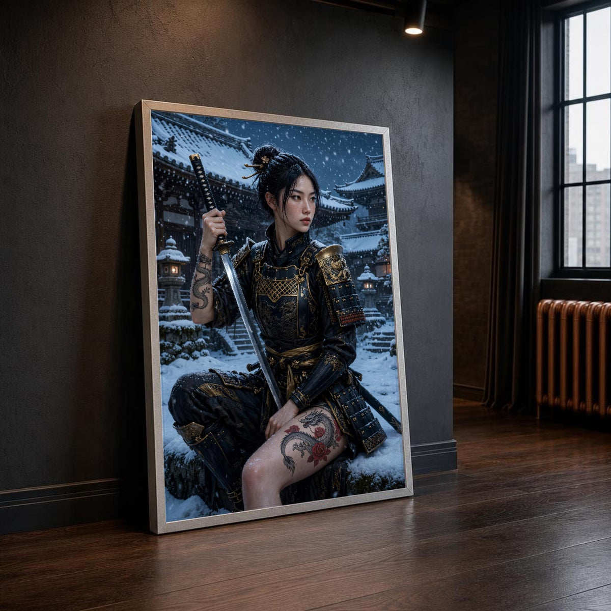 Black and Gold Samurai Woman Canvas Wall Art, Snowy