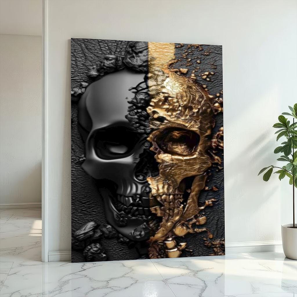 Image 2 of Dark and Gold Skull Canvas Wall Art Print | Modern Gothic Living Room Decor | Statement Piece