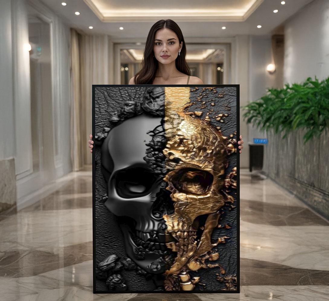 Image 1 of Dark and Gold Skull Canvas Wall Art Print | Modern Gothic Living Room Decor | Statement Piece