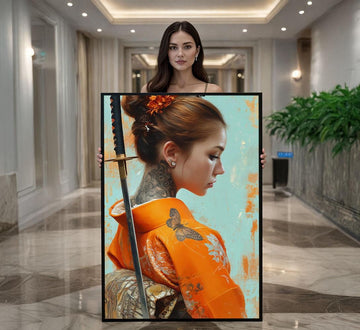 Image 1 of Oriental Elegance Samurai Woman Canvas Wall Art | Orange and Aqua Living Room Decor | Statement Piece