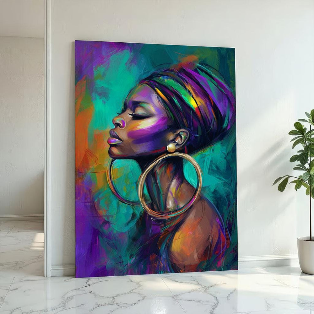 Elegant African Woman Portrait Canvas Wall Art  Vibrant Modern Living Room Decor  Statement Piece