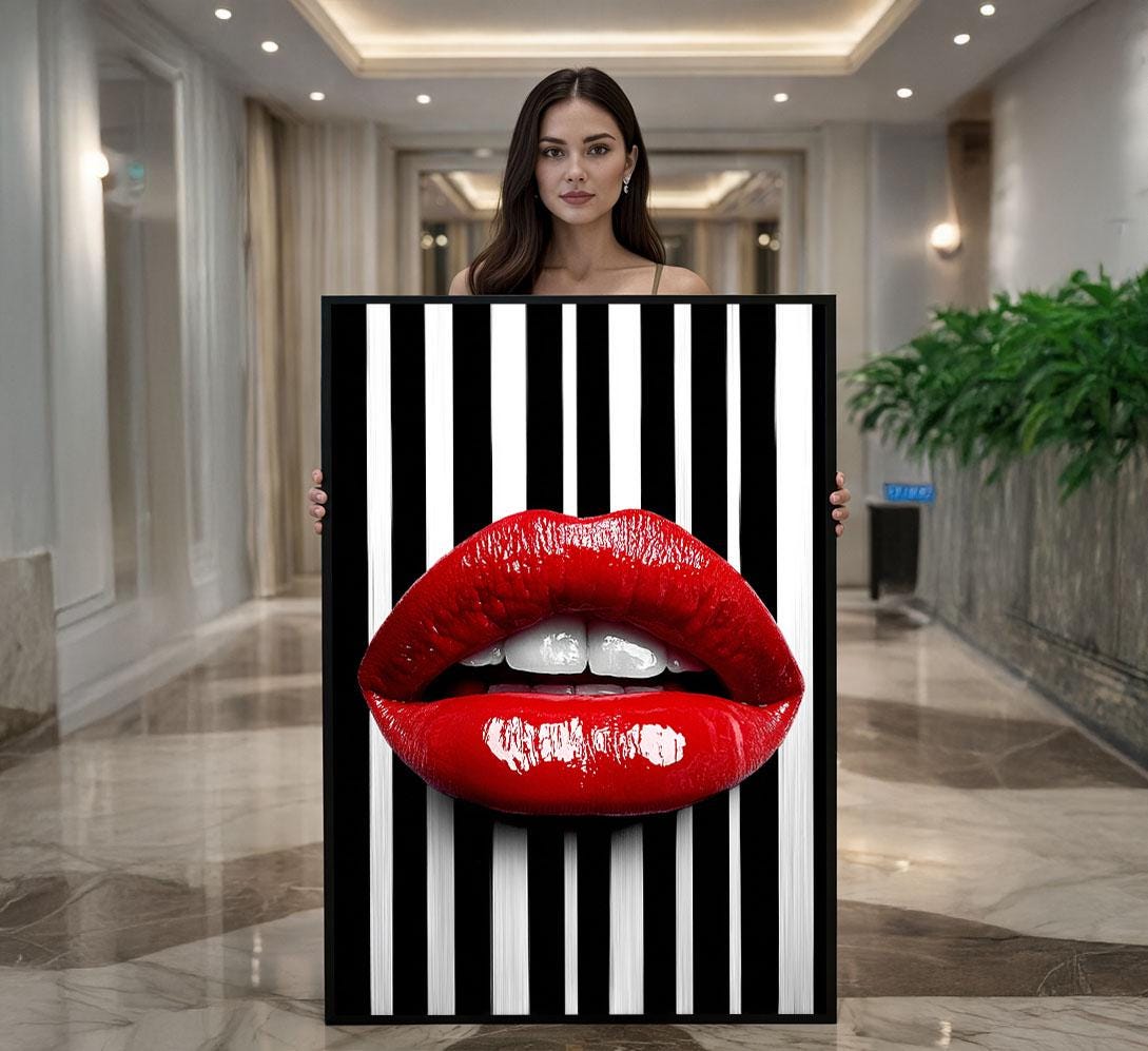Image 1 of Bold Red Lips Pop Art Canvas Wall Art Print | Modern Glam Living Room Decor | Statement Piece