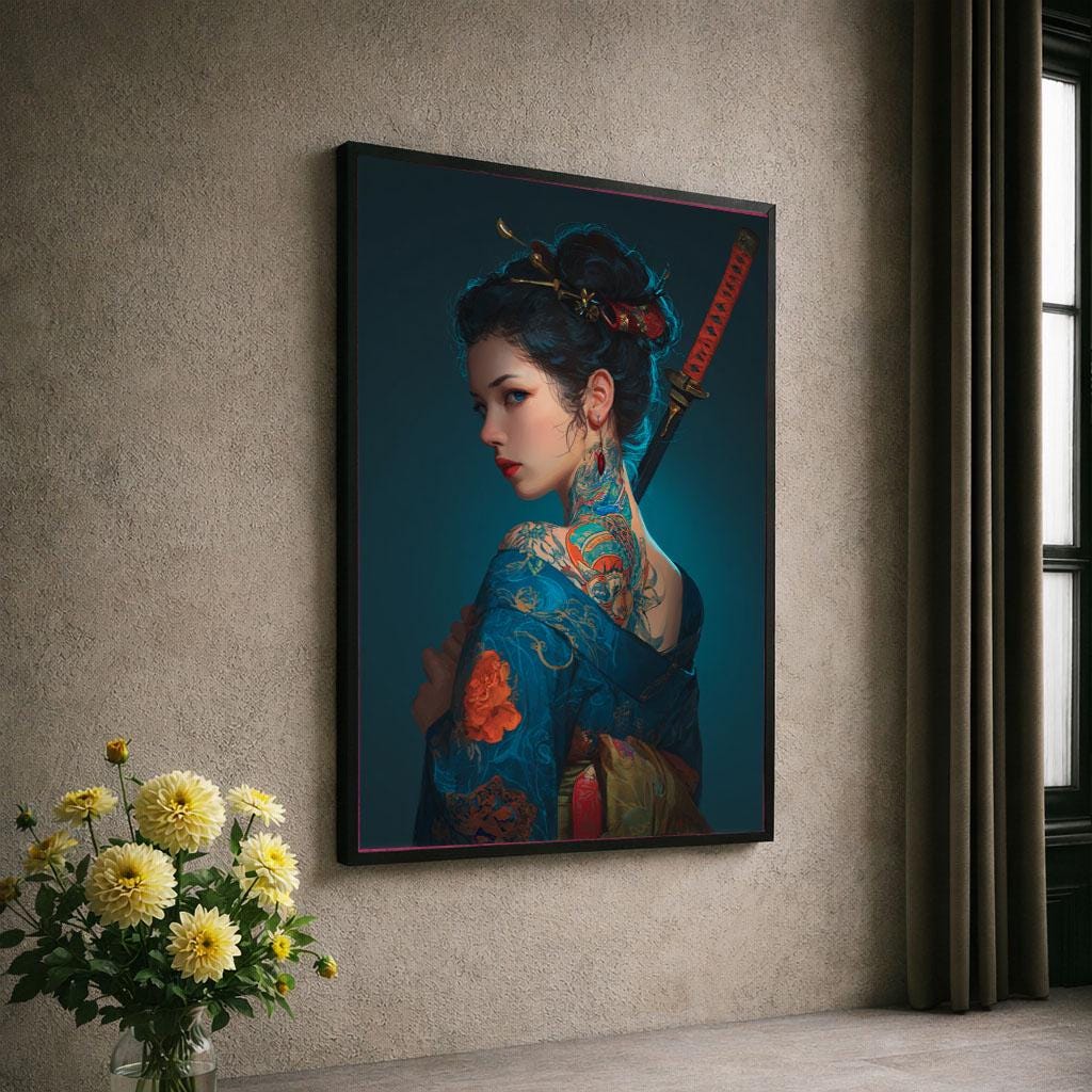 Image 6 of Mystical Geisha Portrait Canvas Wall Art Print | Blue Tones Living Room Decor | Statement Piece