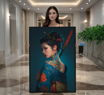 Image 1 of Mystical Geisha Portrait Canvas Wall Art Print | Blue Tones Living Room Decor | Statement Piece