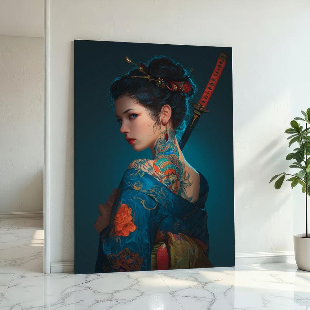 Mystical Geisha Portrait Canvas Wall Art Print  Blue Tones Living Room Decor  Statement Piece