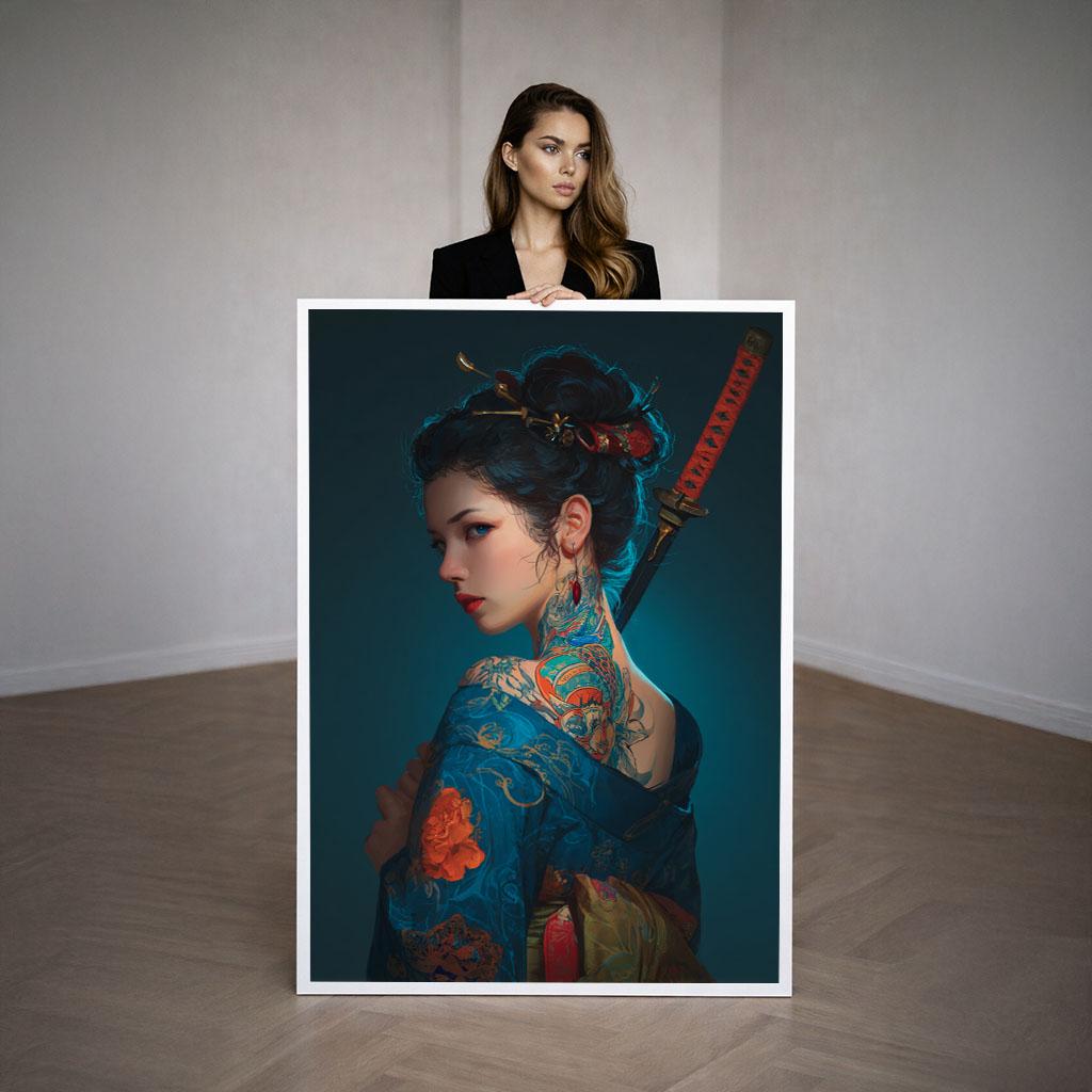 Image 3 of Mystical Geisha Portrait Canvas Wall Art Print | Blue Tones Living Room Decor | Statement Piece