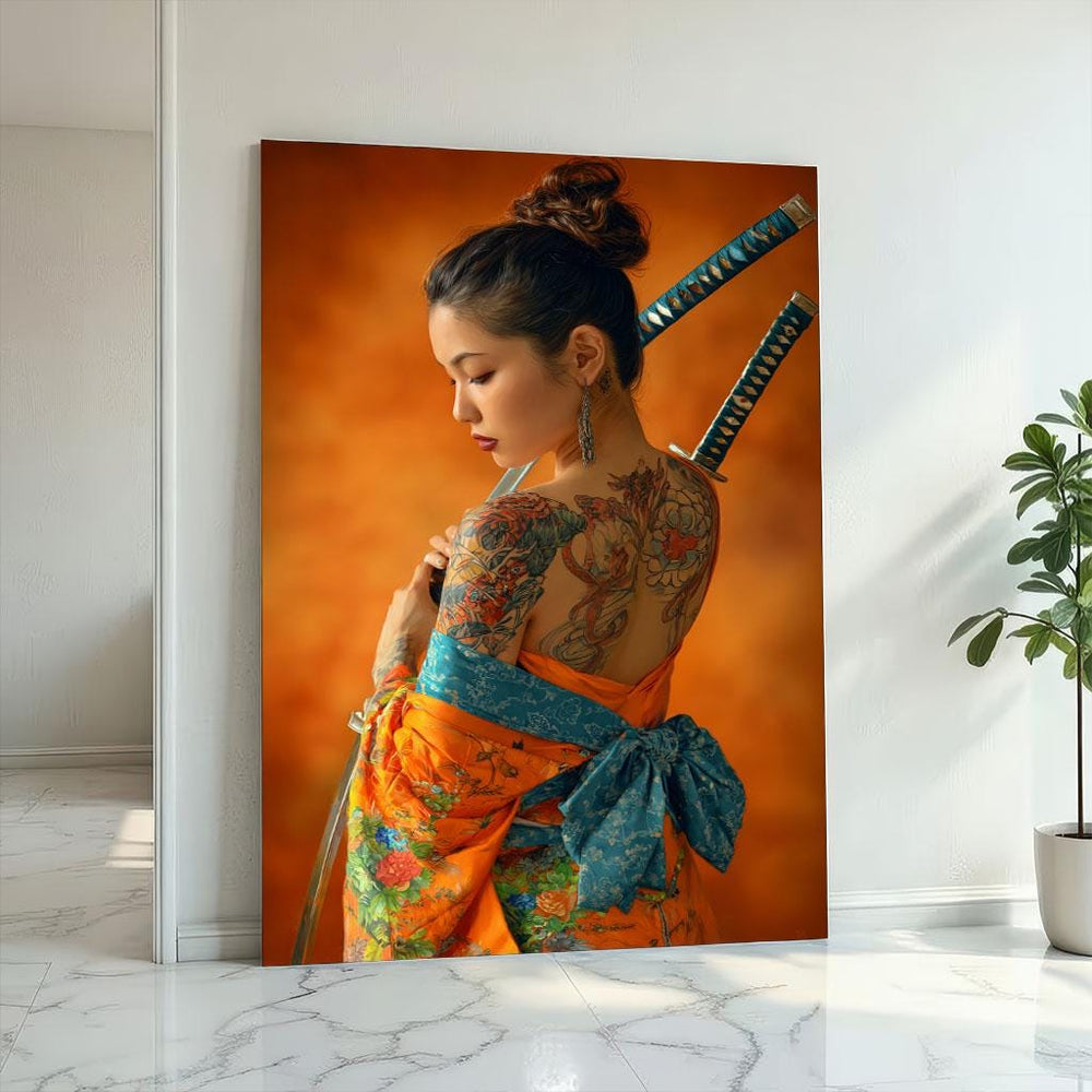 Japanese Woman Samurai Canvas Art, Vibrant Orange Decor