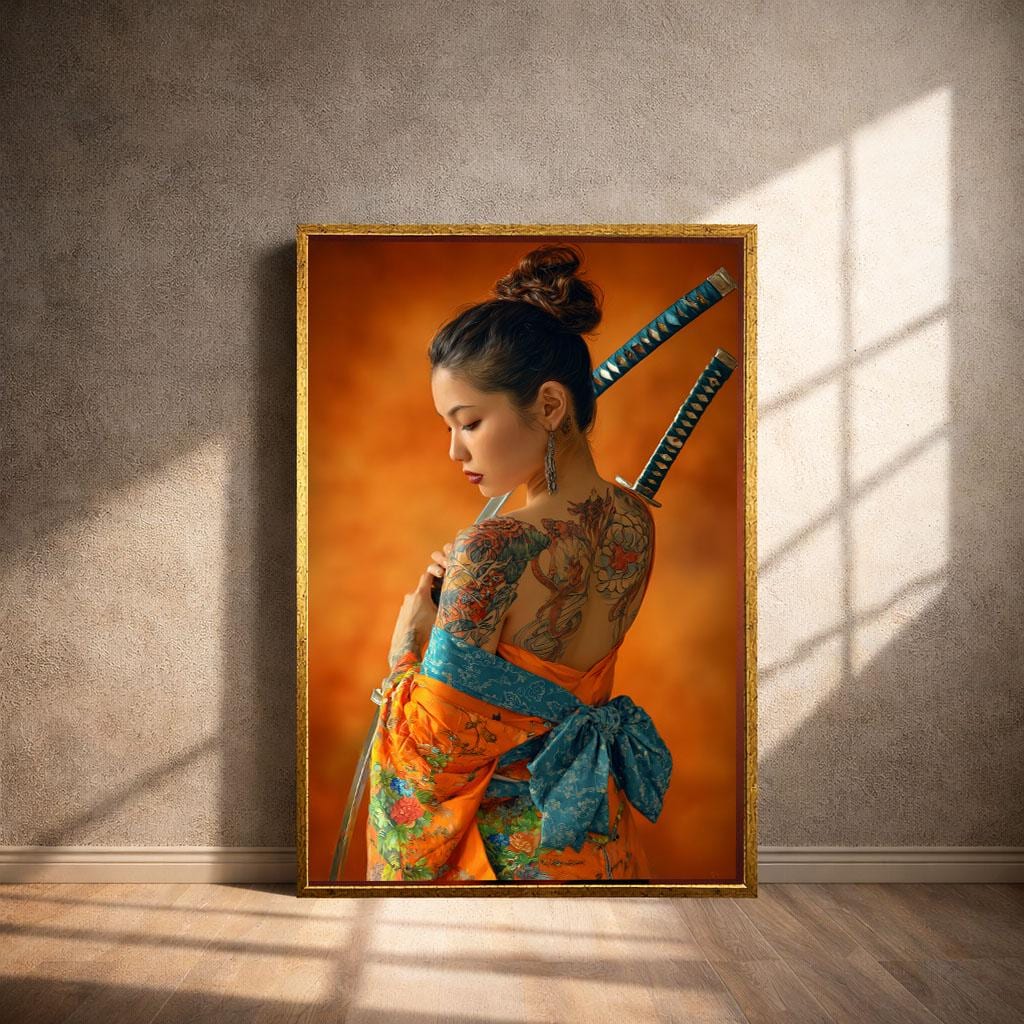 Image 4 of Elegant Japanese Woman with Samurai Swords Canvas Wall Art | Vibrant Orange Living Room Decor | Statement Piece