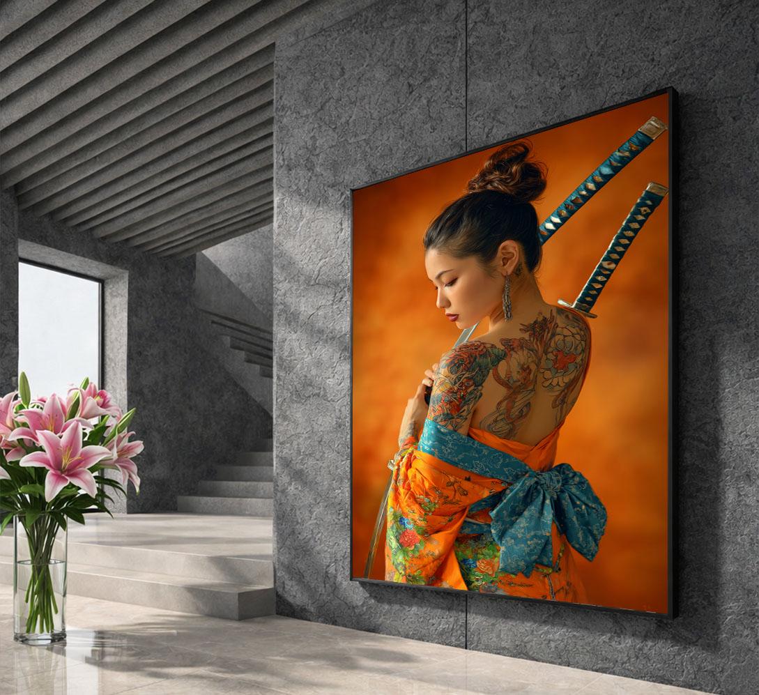 Image 5 of Elegant Japanese Woman with Samurai Swords Canvas Wall Art | Vibrant Orange Living Room Decor | Statement Piece