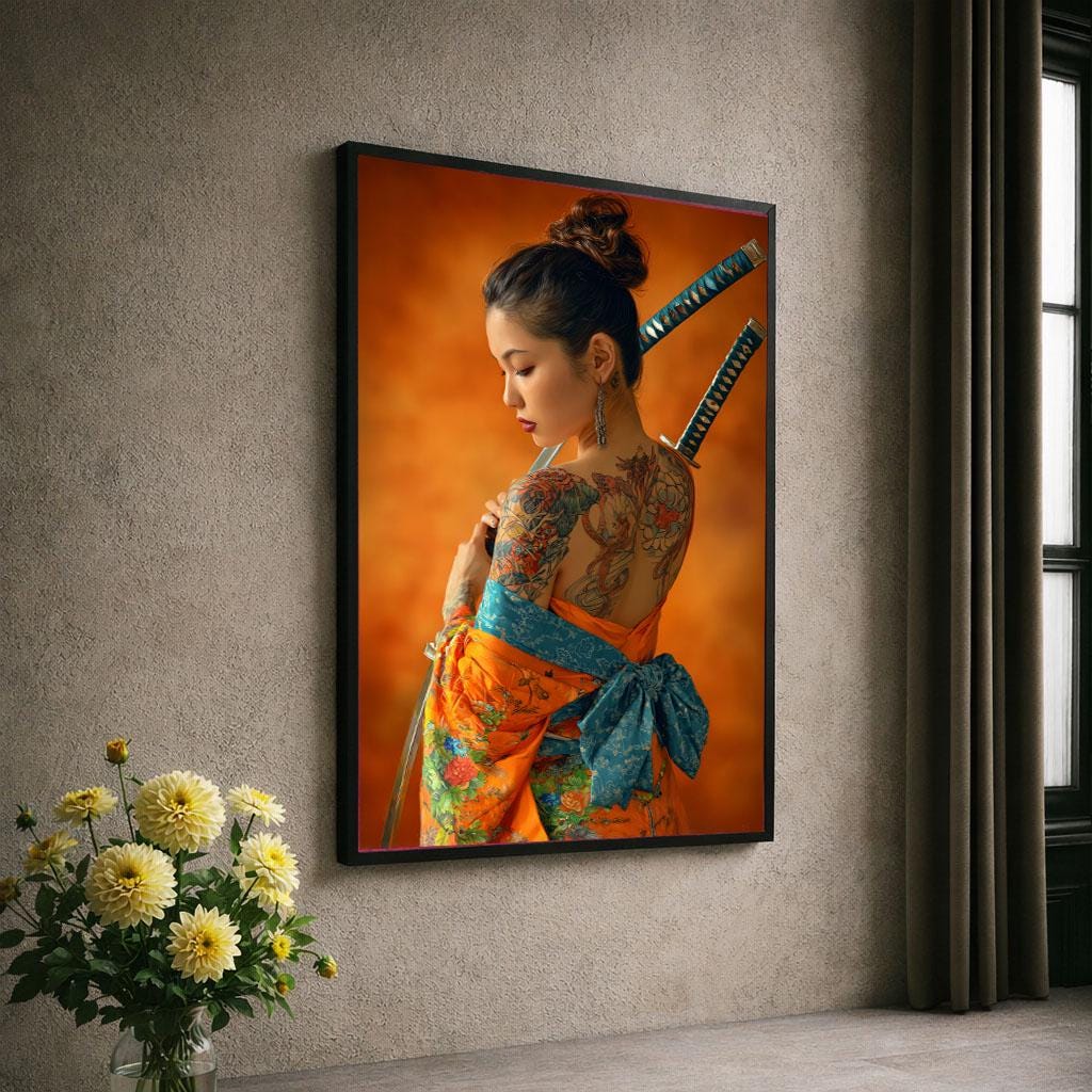 Image 6 of Elegant Japanese Woman with Samurai Swords Canvas Wall Art | Vibrant Orange Living Room Decor | Statement Piece