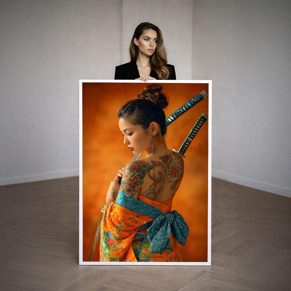 Image 3 of Elegant Japanese Woman with Samurai Swords Canvas Wall Art | Vibrant Orange Living Room Decor | Statement Piece