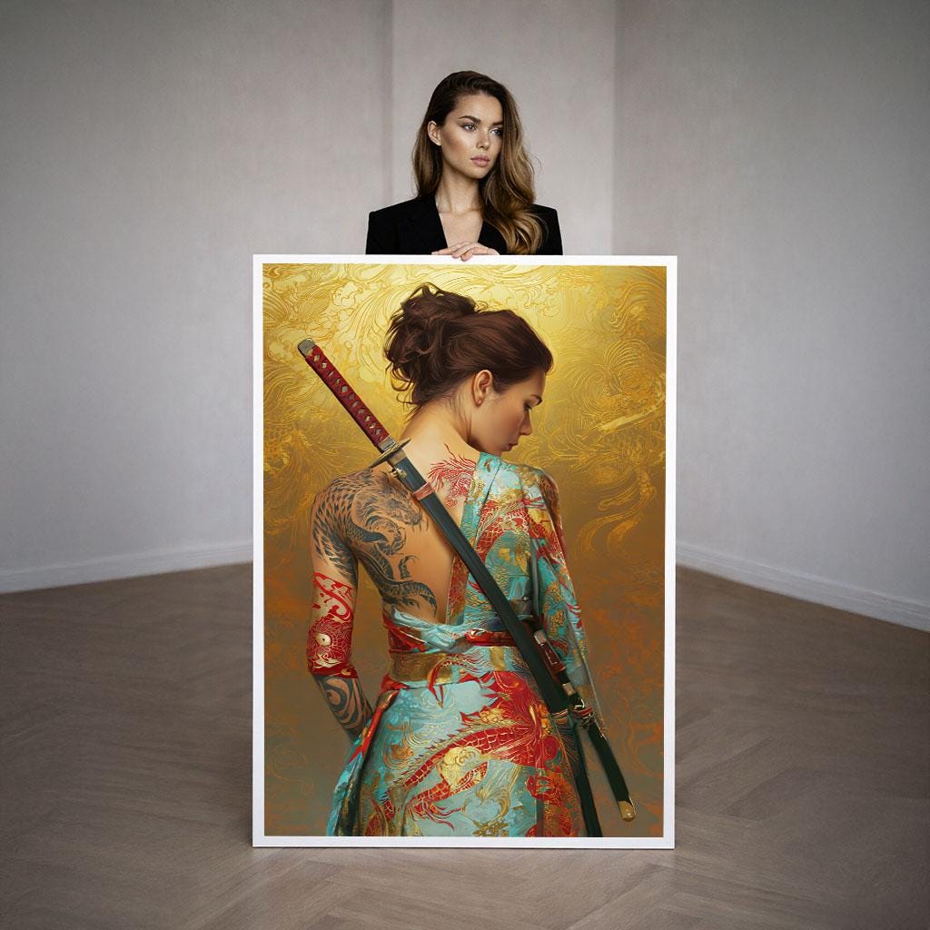 Image 3 of Elegant Samurai Woman Canvas Wall Art Print | Gold and Blue Living Room Decor | Statement Piece