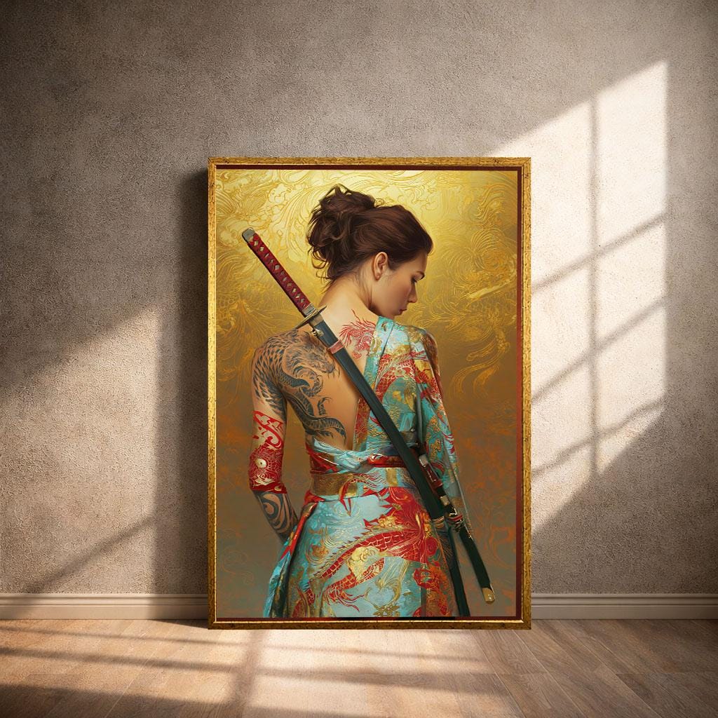 Image 4 of Elegant Samurai Woman Canvas Wall Art Print | Gold and Blue Living Room Decor | Statement Piece