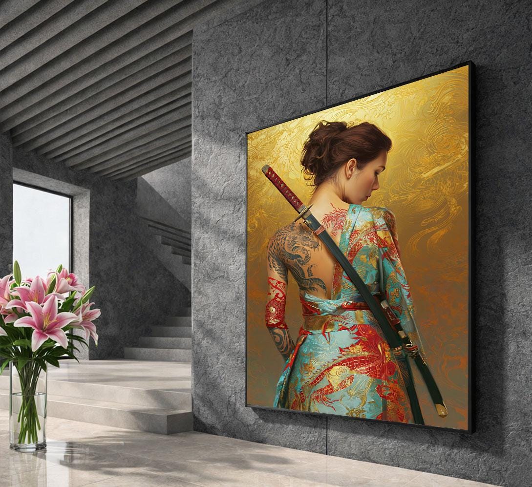 Image 5 of Elegant Samurai Woman Canvas Wall Art Print | Gold and Blue Living Room Decor | Statement Piece