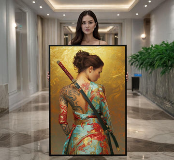Image 1 of Elegant Samurai Woman Canvas Wall Art Print | Gold and Blue Living Room Decor | Statement Piece