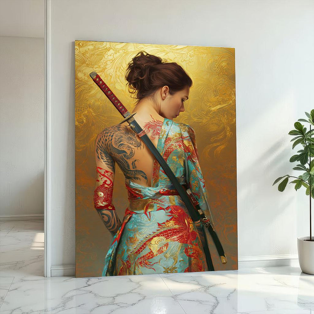 Samurai Woman Canvas Print: Gold & Blue Living Room Art