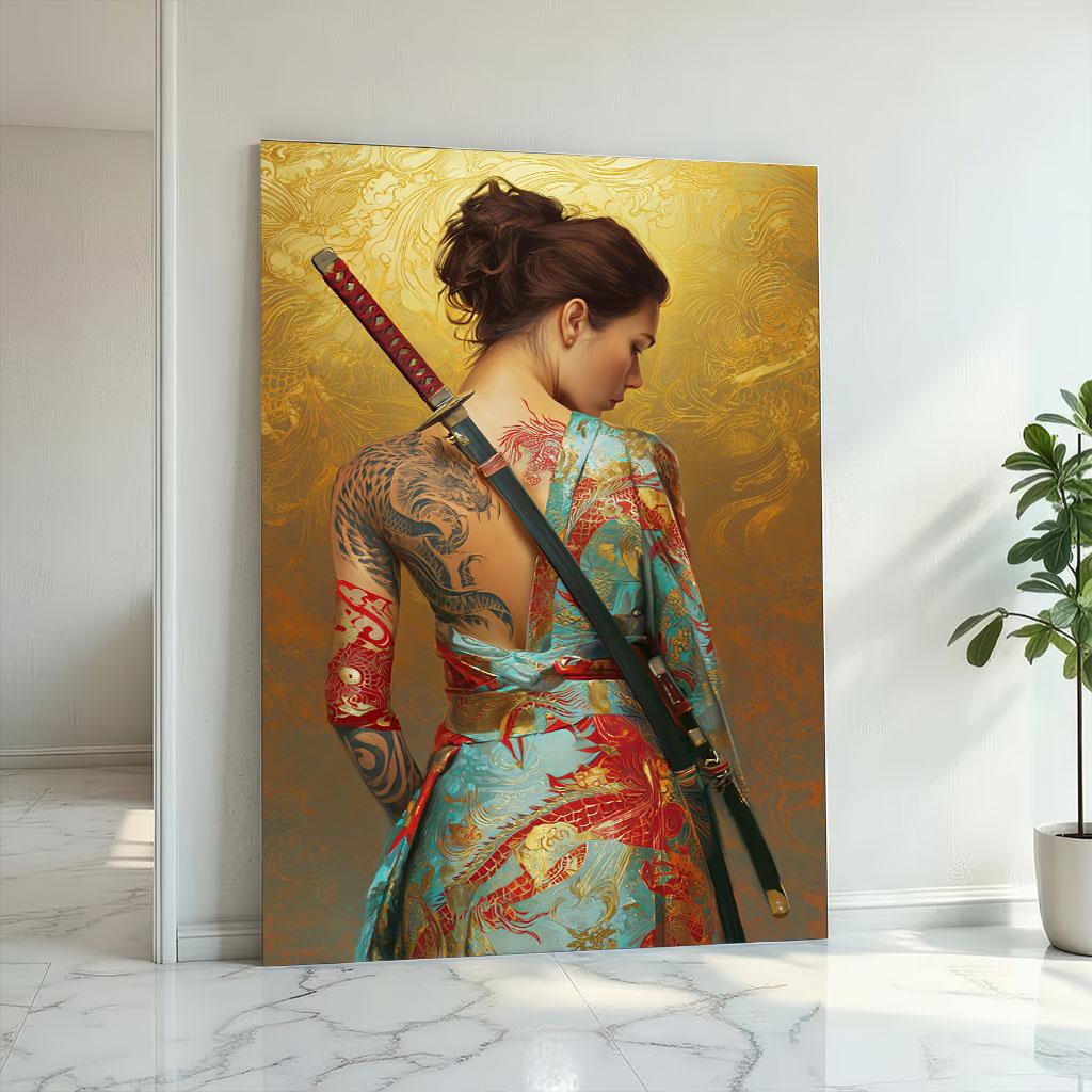 Image 2 of Elegant Samurai Woman Canvas Wall Art Print | Gold and Blue Living Room Decor | Statement Piece