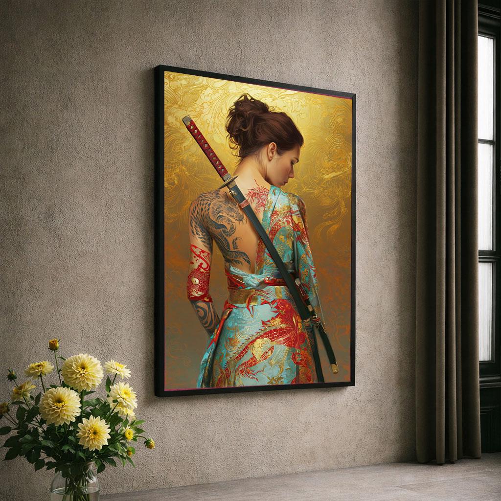 Image 6 of Elegant Samurai Woman Canvas Wall Art Print | Gold and Blue Living Room Decor | Statement Piece